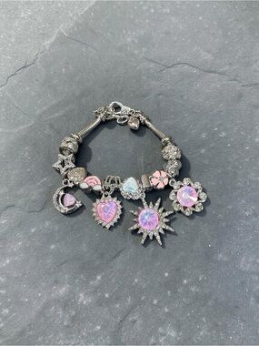 Silver Charm Bracelet with Pink Crystal Heart and Sun Charms
